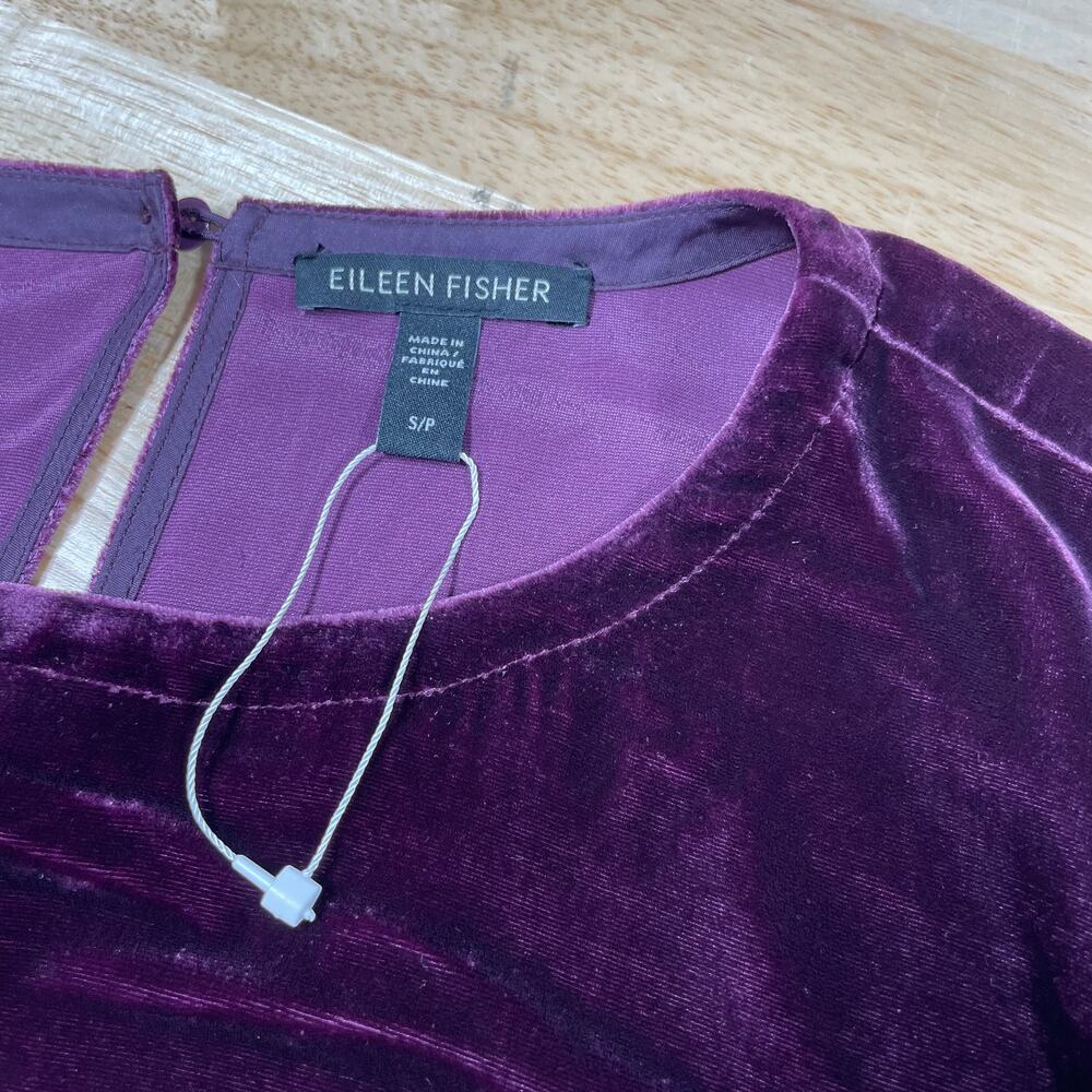 Eileen Fisher NWOT Velvet Crew Neck Dress Size S Purple Silk Blend Pockets Shift - Picture 7 of 12